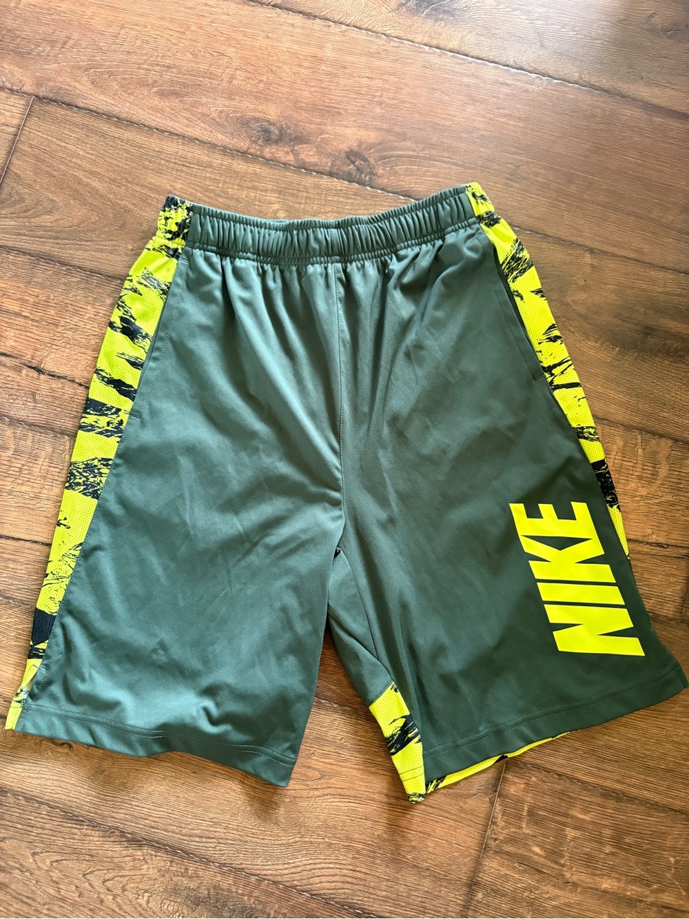 Nike Men's Olive Green Athletic Shorts with Neon Yellow Accents